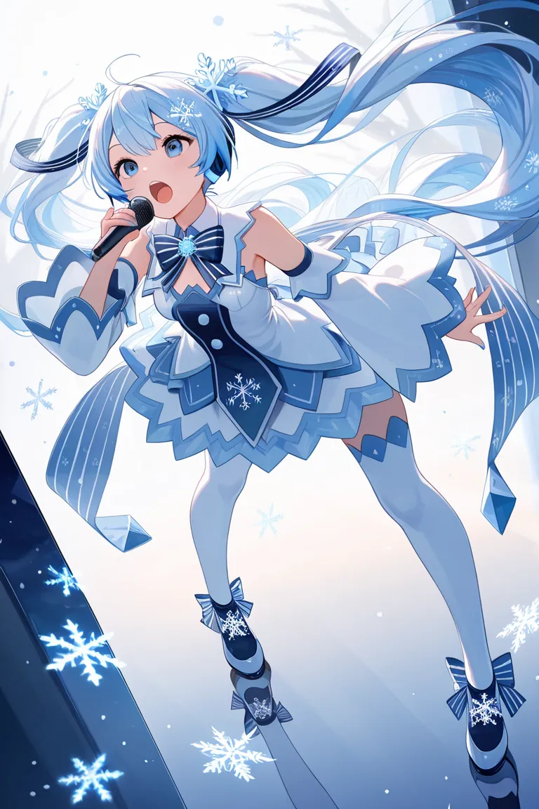 ,1girl,yuki miku,snowflake,snowflake hair ornament,snowflake print,snowflakes,striped bow,twintails,long hair,cyber fashion,musical note,eighth note,singing,dynamic pose,reflection, 
,masterpiece,best quality,amazing quality,