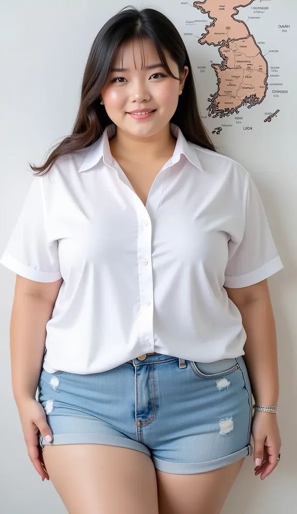 A woman with a curvy body and voluminous body. Wearing a white shirt and short jeans. A map of the Republic of Korea can be seen in the background.