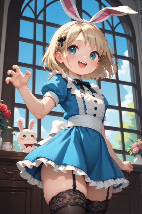 chibi anime , Alice in Wonderland , petit girl , round face , show off Thick thighs , loli frill skirt , black garter ring , (heart is beating fast:0.1) , (Rodents tooth) , bold pose , out of frame , looking away , coquettish , stuffed rabbit , turn , At t...