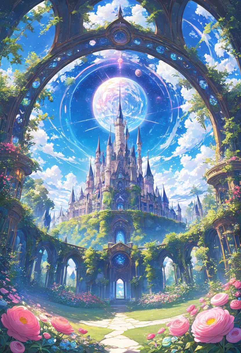 Beautiful flower castle、There is a garden with lots of flowers in front of the castle、There is a large pink ranunculus in the center of the garden、blue sky、 orbital space