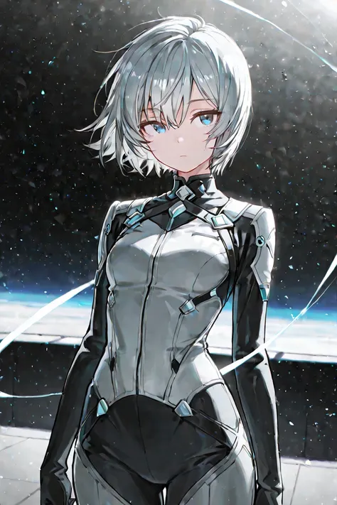 걸작, best quality, amazing quality, Very aesthetic, high resolution,  best detail  , girl,  silver gray hair , short hair,  blue eyes, is expressionless, Neat clothes,  Mysterious Atmosphere , look directly at the body 