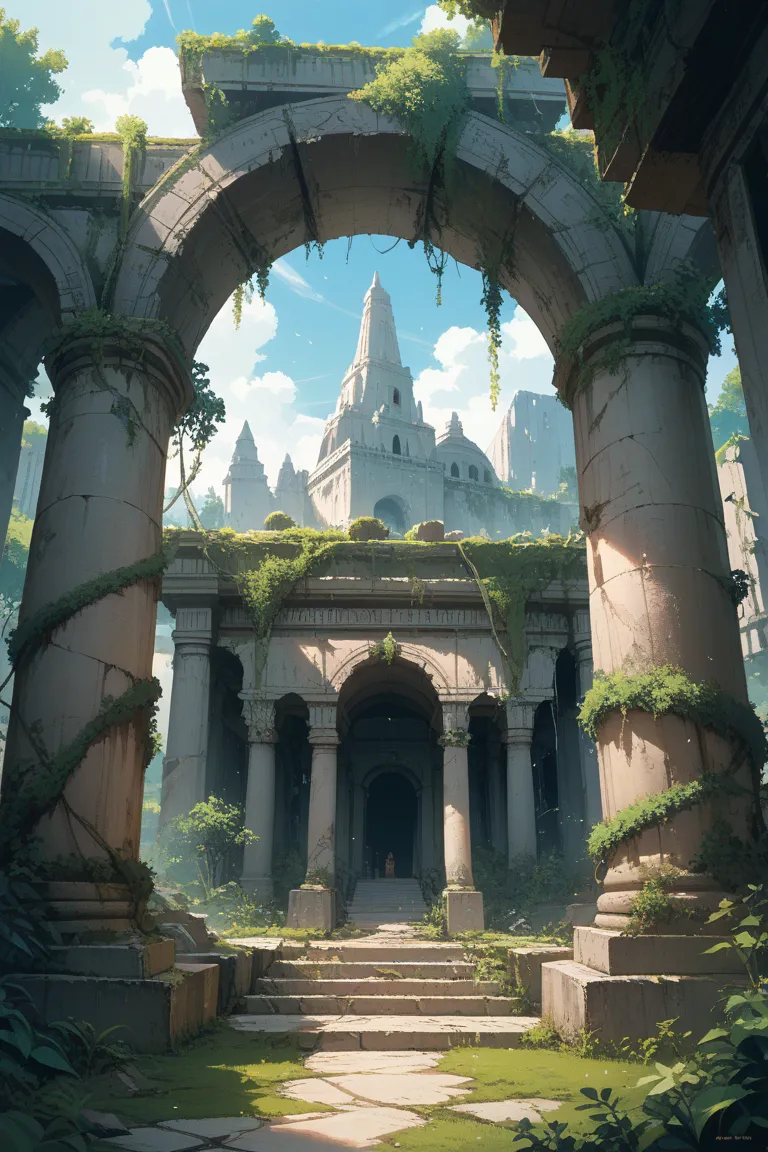 A grand ancient stone structure, partially in ruins, overgrown with thick vines and large twisting tree roots. The perspective is slightly upward, looking up at the towering architecture with a sense of mystery and awe. The scene is bathed in soft, diffuse...