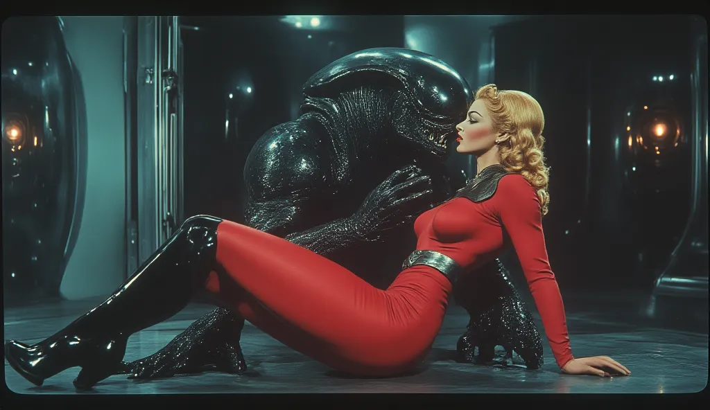 DVD screengrab from 1950's Super Panavision 70: Xenomorph from the movie "Alien". Xenomorph has a bodybuilder's torso. Broad shoulders. He hugs and holds with his hands on the chest A stunning woman, She is wearing a tight glossy red suit made of futuristi...