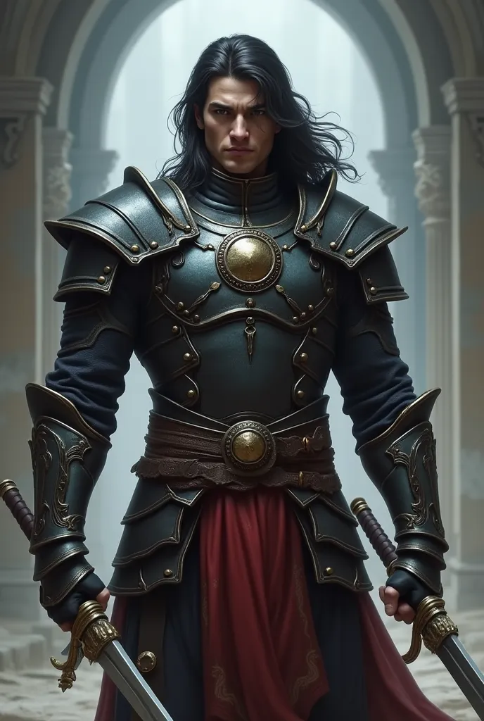 Image is a digital artwork featuring a fantasy warrior character in a dramatic pose. The character is centered, with long dark hair and a focused expression. He has a light to medium skin tone and is wearing intricately detailed armor with a prominent circ...