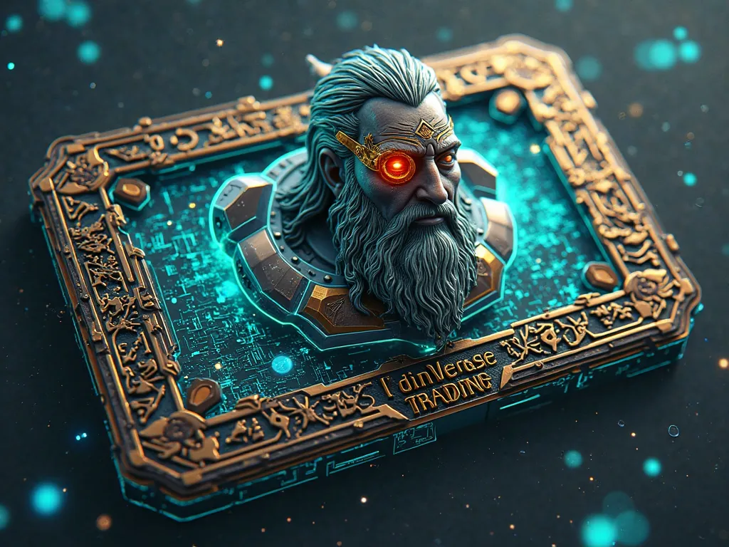 "Design a highly detailed 3D flashcard-style NFT for 'OdinVerse' with a rotating holographic effect. The card should have a sleek, futuristic metallic border with cybernetic engravings of Norse runes glowing in neon blue and electric green.

At the center ...