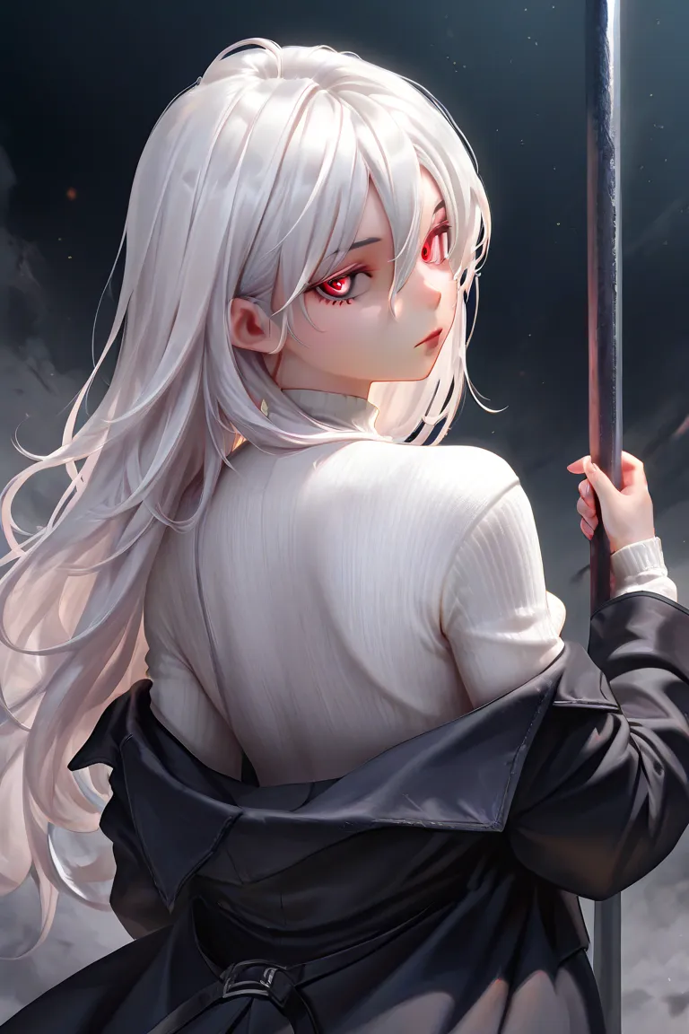 masterpiece, best quality, detailed eyes, semi realistic, 8k, girl, cute, small, pure, oversized black hood coat, black jean, white sweater, emotionless face, short long white gray hair, red eye, midnight city, solo character. looking at viewer, wearing ho...