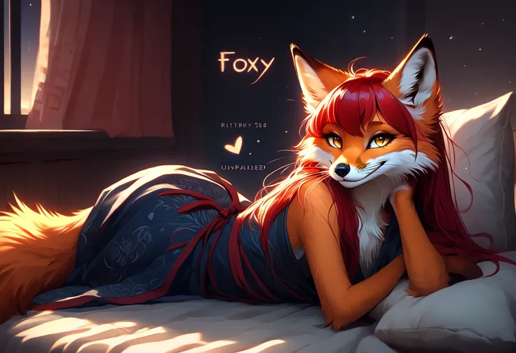 Solo、unpralleled masterpiece、Detailed、 Beautiful、 score_9、 score_8_up、 score_7_up、moody atmosphere、A portrait of a beautiful kind and caring vixen that wants to comfort you、mysterious、fox、anthro、furry、female、orange fur、(long hair、beautiful hair、scarlet red...