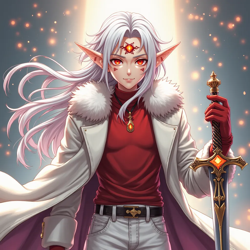 Elf legendary male hero ,youthful looking , with long gorgeous white hair,  red glowing eyes , with a smirk and red cloud tattoos on his face with an eye-in-ear earring, on the forehead there is a third dragon eye with a golden pupil, dressed in a luxuriou...