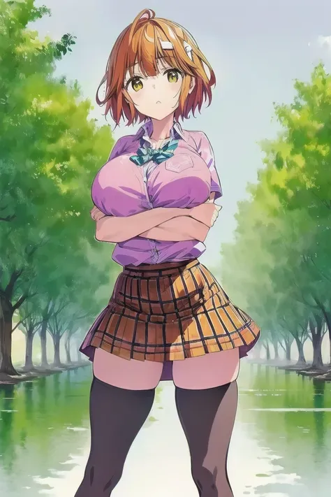 Koiwai Yoshino ,(masterpiece, best quality:1.2),2D, anime,  Anime art,  line art  , watercolor,loli, (1 girl:1.6) , (orange hair), (large breasts:1.6),jacket,plaid,(school uniform),(short hair),skirt,(Alone:1.6),thighhighs,(crossed arms:1.6)