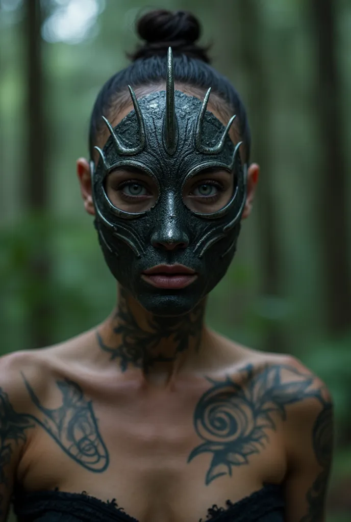 (Best Quality,high resolution,Masterpiece, front view:1.2),Ultra-detailed, close up portrait photography of a naked woman in a forest wearing  a metallic mask with spikes, she's standing in a very creepy forest, esoteric tattoes, ultra realistic, hyper-rea...