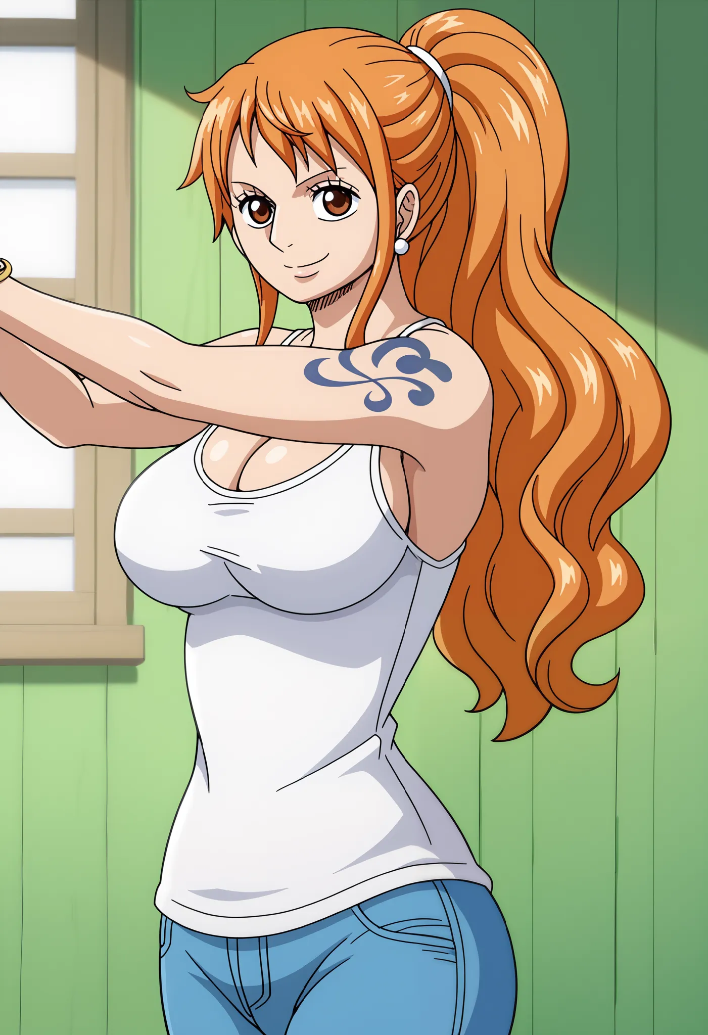 score_9_up, best quality, cowboy shot, anime_source, anime style, (SOLO:1.7), 1girl, Nami, orange hair, (white comesole:1.4), morning, (ponytail:1.7),  (serious smile:1.3), (curvy body:0.7),), (slightly looking at the viewer:1.2) (Medium breasts:1.5), jean...