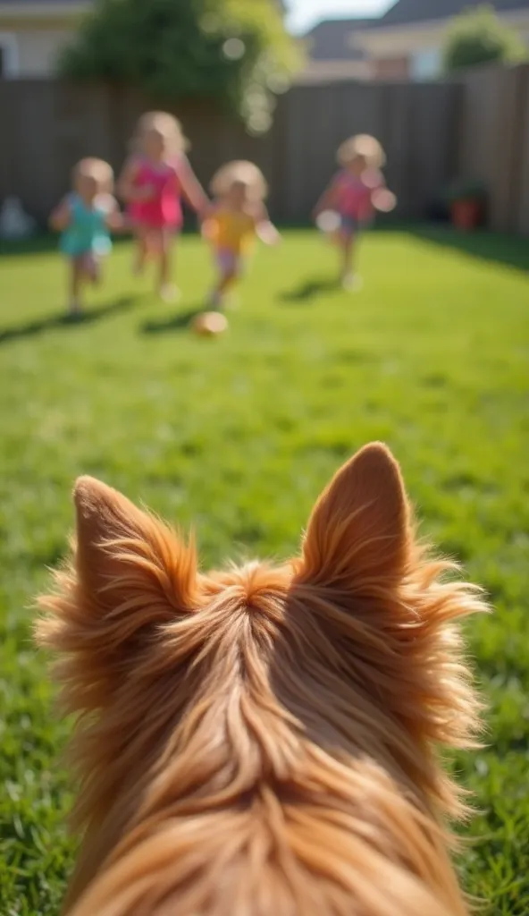 The view ahead is framed by the floppy ears of a caramel-colored dog, their playful bounce hinting at excitement. Beyond them, a sunny backyard comes alive with laughter—ren run and giggle, their bright clothes contrasting against the lush green grass. A s...