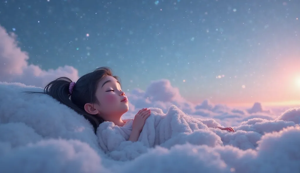 disnay pixar 3d The ren slowing down, breathing deeply, lying on soft clouds as the sky turns into a peaceful dreamy night, transitioning into bedtime