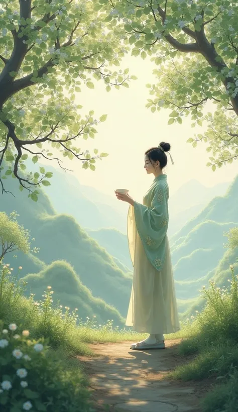 Peaceful landscape of traditional Chinese orchard,  translucent light , main character dressed in classic costume holding a pure tea cup.