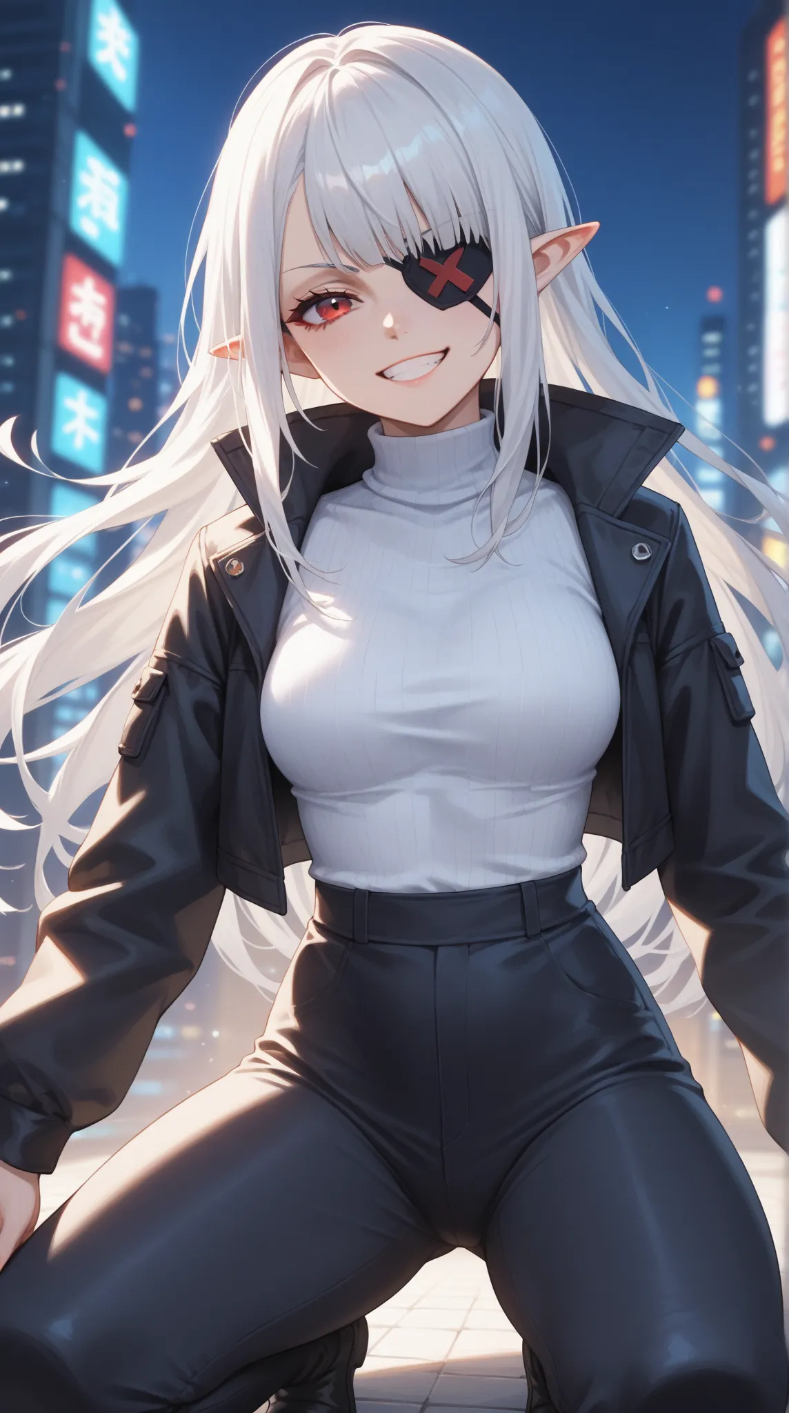 1 girl crouching, (Alone), anime girl with long gray hair and red eyes , White Hair Girl, girl in white turtleneck, ((Eye patch)), pointed ears, (()), Grin,  smug , closed my mouth, Cowboy Shooting,  完璧なWhite Hair Girl , White-haired goddess,  Digital Cybe...