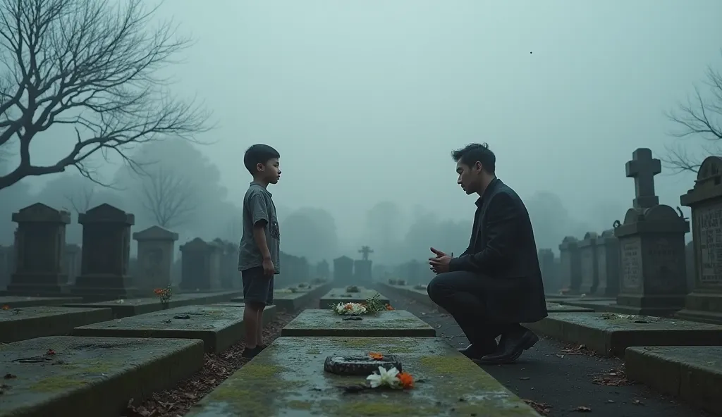 In a vast, gloomy cemetery with rows of old stone tombs covered with moss, thick fog covered the ground, creating a cold and mysterious scene. The sky was gray, weak light filtered through the heavy clouds, making the space even more quiet. In the middle o...