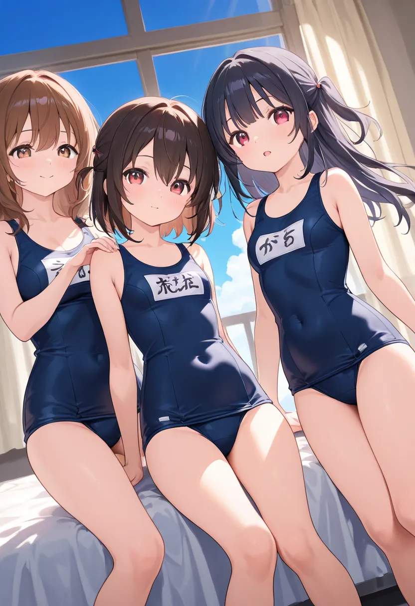 school swimsuit、3 girls are lined up、Chest Valley、room、bed、window、blue sky