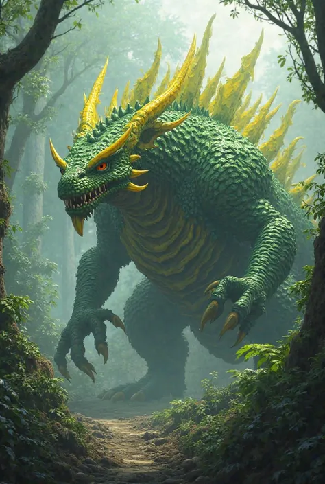 Create monster hunter Rathian giant green style with yellow details in a jungle