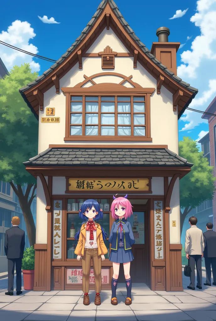 Two anime characters stand out in front of a shop
