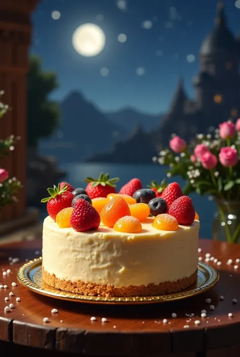 
❄️ **Finally, after the cheesecake has cooled under the**silver moonlight, the dwarves decorate it with fresh fruit pieces and sparkling sugar balls, then raise it on a golden plate, ready to serve!  