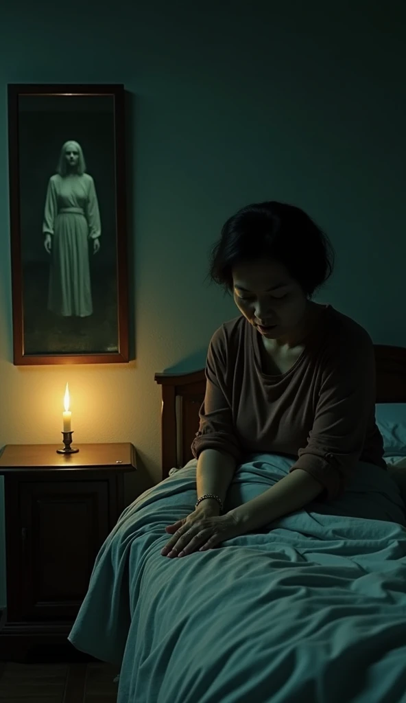 The Mother’s Horror – A Cold, Dead Touch
"A Vietnamese woman in her late 30s, Hải’s mother, sits on the edge of his bed. Her face is twisted in sheer terror as she touches her son’s icy cold hand. Her eyes widen as she realizes something is terribly wrong....