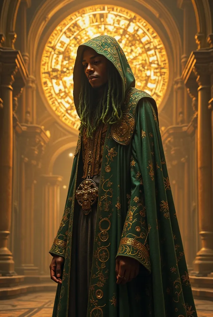 A mystical hooded figure pose dynamically clad in an ornate, flowing robe adorned with intricate gold patterns stands in a grand cathedral-like hall. The figure is a Jamaican man has deep cinnamon brown skin, dewy highlighted skin, short moss-green dreads,...