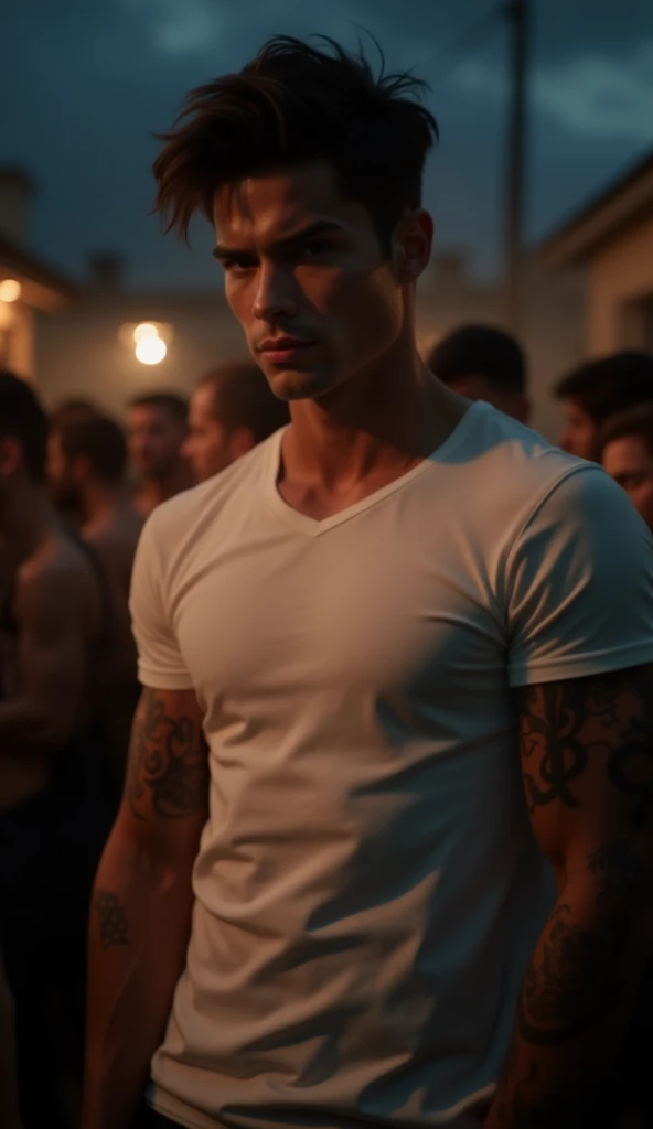 A highly detailed and cinematic digital portrait of a young man with sharp features, tousled dark hair, and a confident expression, standing at an outdoor night party. He wears a fitted white t-shirt that accentuates his athletic physique, and his muscular...