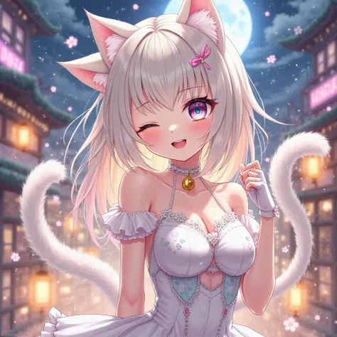 An anime-style cat girl with light blonde, silver, or pastel pink hair, flowing elegantly with soft highlights and a gentle glow. She has large, expressive eyes—one a shimmering blue and the other a warm golden hue—giving her a mystical charm. Her feline e...