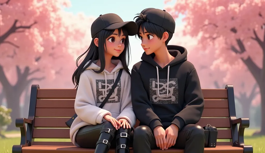 The image shows two anime-style characters sitting on a wooden bench in a park with cherry blossom trees. They look like a couple, dressed in matching outfits, which creates a sense of coziness and unity. The image is made in the style of 3D animation, rem...