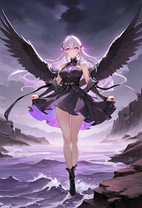 masterpiece,best quality,high detail,cute, a drawing of a girl with dark,almost black wings that have a red glint to them,her eyes are a deep purple,wearing a torn and tattered black dress,standing menacingly on a cliff overlooking a stormy sea.,
