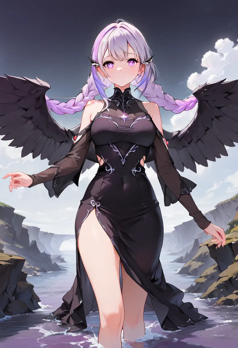 masterpiece,best quality,high detail,cute, a drawing of a girl with dark,almost black wings that have a red glint to them,her eyes are a deep purple,wearing a torn and tattered black dress,standing menacingly on a cliff overlooking a stormy sea.,
