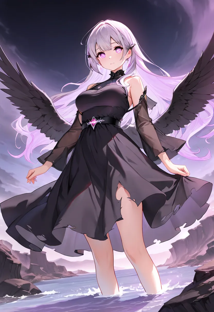 masterpiece,best quality,high detail,cute, a drawing of a girl with dark,almost black wings that have a red glint to them,her eyes are a deep purple,wearing a torn and tattered black dress,standing menacingly on a cliff overlooking a stormy sea.,
