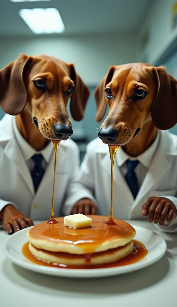 Two humans in a lab with dog/ Daschound faces pouring Canadian maple syrup over McDonald’s hotcakes 
Splices dog human faces