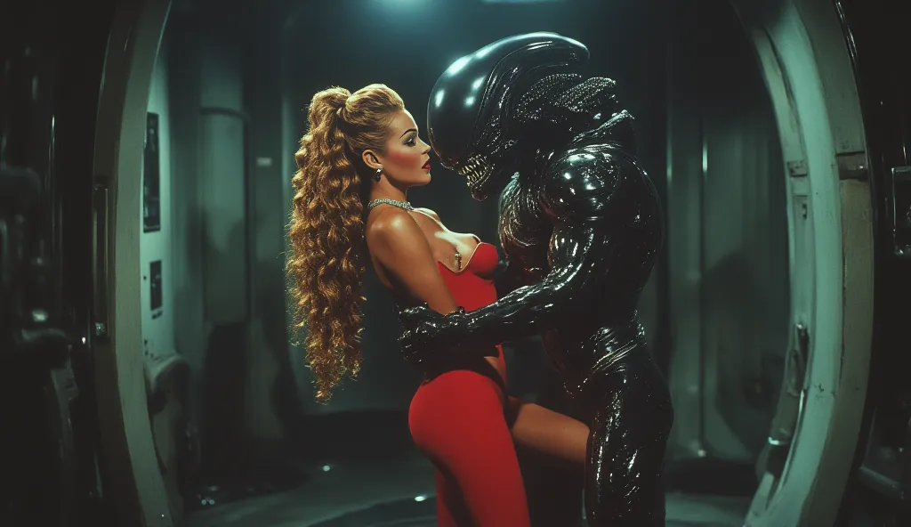 Xenomorph from the movie "Alien". Xenomorph has a bodybuilder's torso. Broad shoulders. He hugs and holds his hands on the chest of a stunning woman, She is wearing a tight glossy red suit made of futuristic material, emphasizing her exaggerated hourglass ...