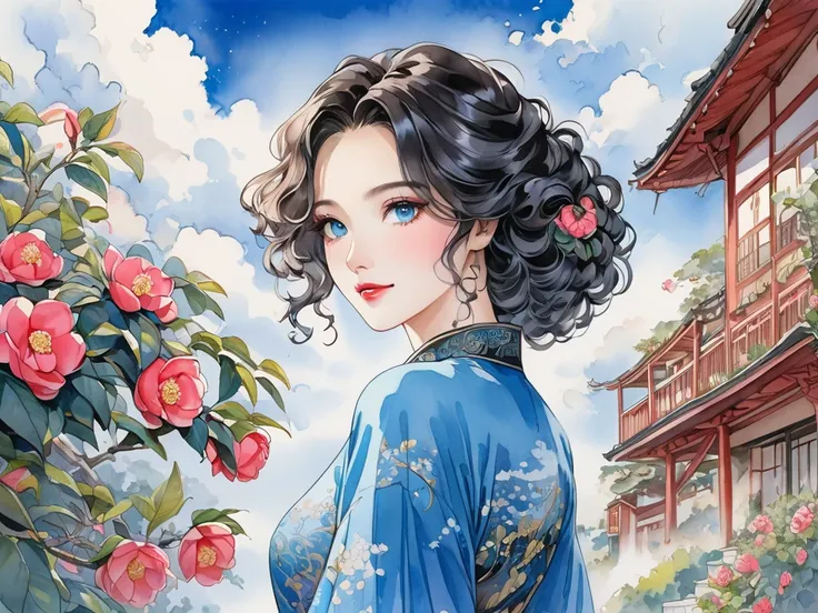  The combination of ink and watercolor painting、woman with beautiful oriental face、shiny curly hair 、 with blue eyes , Camellia Inn、   blue sky  、 white clouds 、 best quality、Masterpiece、Yukata