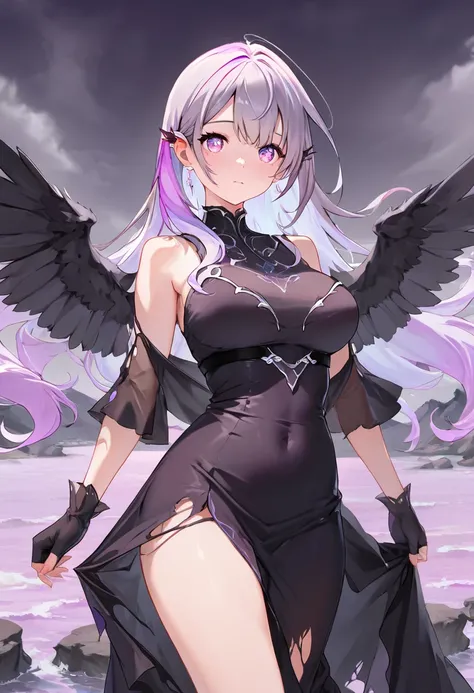 masterpiece,best quality,high detail,cute, a drawing of a girl with dark,almost black wings that have a red glint to them,her eyes are a deep purple,wearing a torn and tattered black dress,standing menacingly on a cliff overlooking a stormy sea.,
