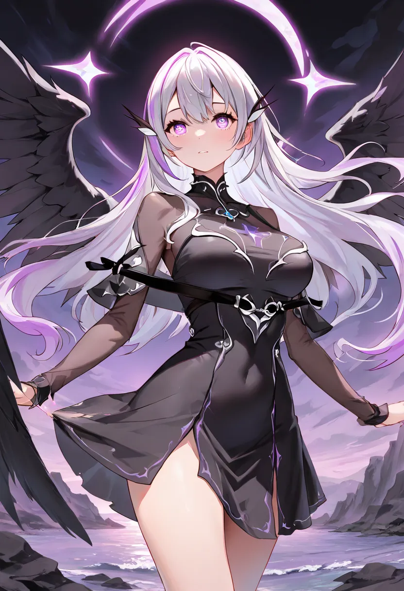 masterpiece,best quality,high detail,cute, a drawing of a girl with dark,almost black wings that have a red glint to them,her eyes are a deep purple,wearing a torn and tattered black dress,standing menacingly on a cliff overlooking a stormy sea.,
