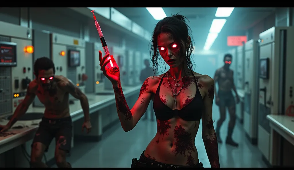  A dramatic and tense scene from a sci-fi zombie movie,set in a dark, Future Lab. in the middle is a muscular、and a zombie woman with a fit body，They have glowing red eyes and are big , Her clothes look like Resident Evil or Tomb Raider, rotten but clearly...