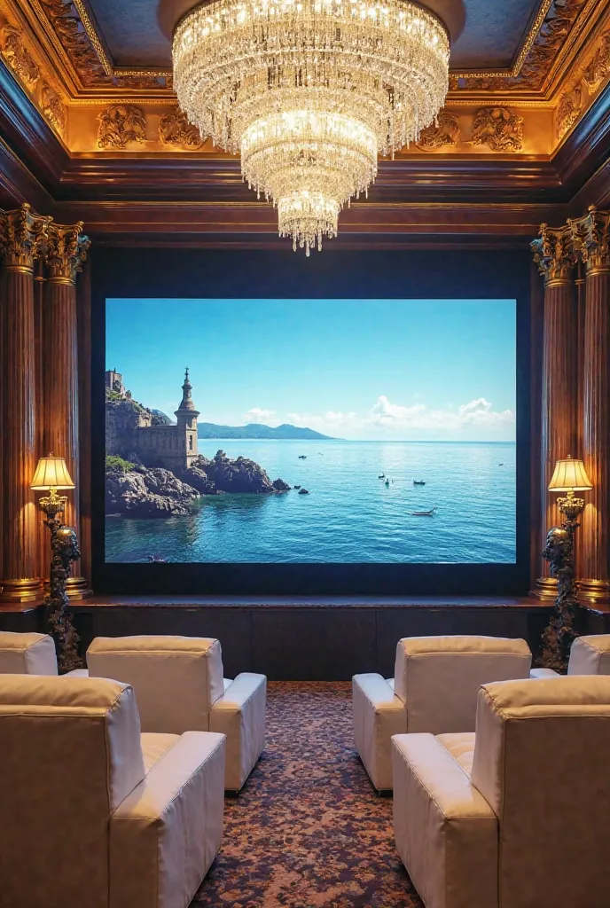 A sumptuous space with a huge screen showing a seascape. The environment presents classic architecture with golden details,  imposing columns , sculptures and sophisticated lighting, highlighted by a large crystal chandelier. There are several comfortable ...