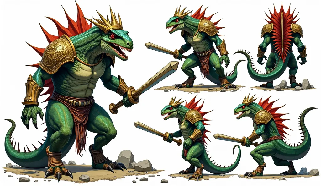 (((model sheet 4 different positions))), ((( comic book style))), (((lineart))), ((( THICK BLACK INK OUTLINE ))), (((MARKED))), Realistic colorful drawing of A LIZARD-MAN KING with a helmet on his head and ARMOR AND BONE SWORD in his hand, (((THE LIZARD'S ...