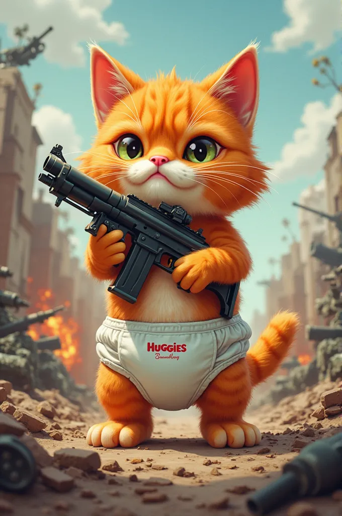 Orange cat wearing Huggies pampers,cartoon,Hold the gun.,battlefield,Put on a shirt