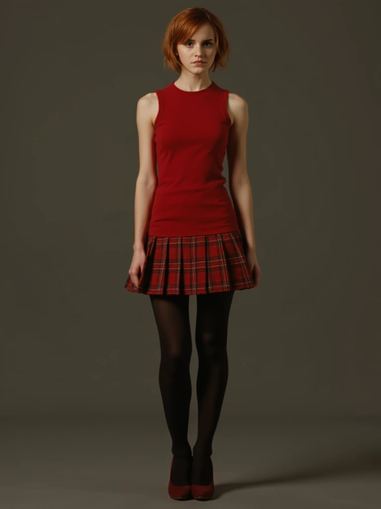 Hermion grenger.short hair.realistic.A fitted sleeveless red dress with a high round neckline that sits close to the neck.red plaid pleated mini skirt.black pantyhose.forced on all fours.classic stilleto high heels.