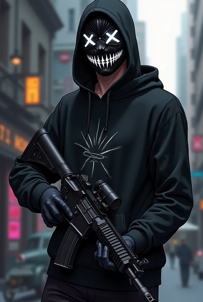 anime, Man wearing a black mask with shiny white lenses with a diabolical smile,  with black hoodie, black sweatshirt with white ray details printed on the sweatshirt,black gloves,  black pants,  holding a rifle , Scenario: cyberpunk
