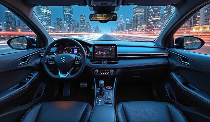 A high-tech interior view of the 2025 Maruti Dzire sedan, showcasing a luxurious and futuristic cabin. The dashboard features a sleek digital instrument cluster, a large touchscreen infotainment system, and ambient lighting. The seats are upholstered in pr...