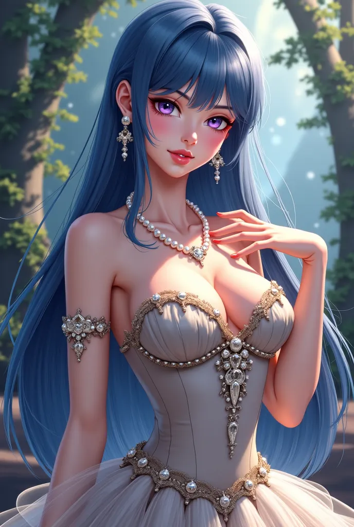 Create an image of a stunningly beautiful young woman with long and straight royal blue hair, she wears a royal silver royal fairy tale 
ballet tutu dress , she has bigger sexier huge unreal boobs with deep sexy cleavage expose her boobs very sexy and clea...