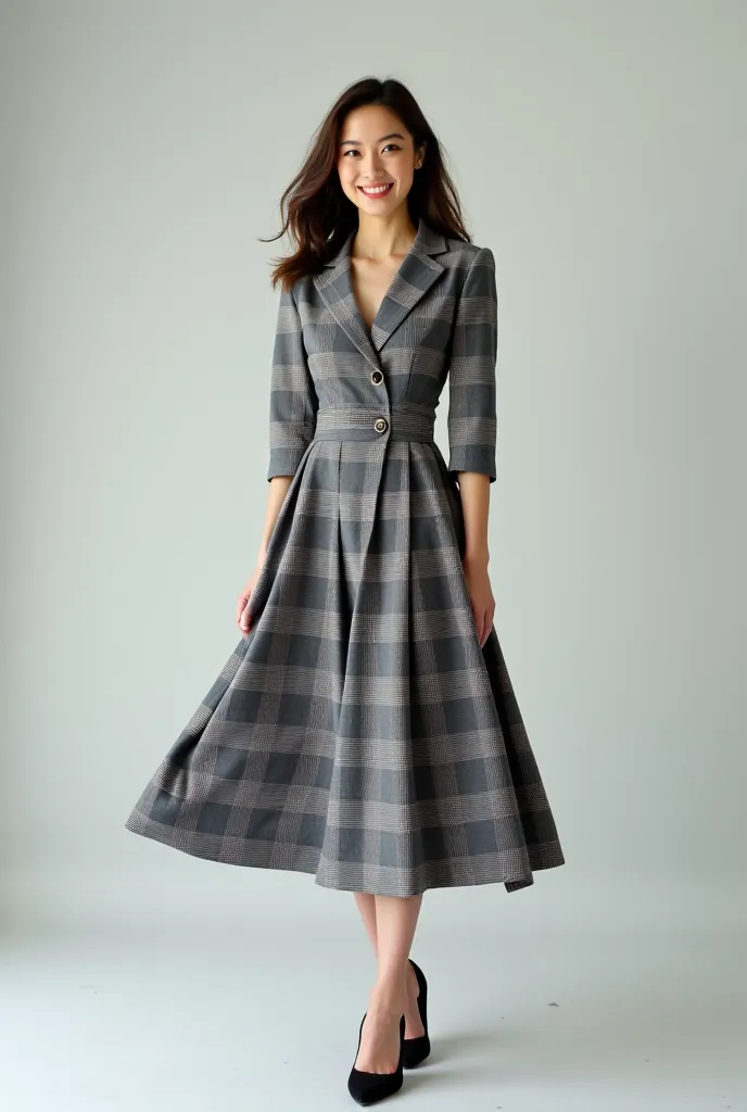 in an all gray plaid mid dress