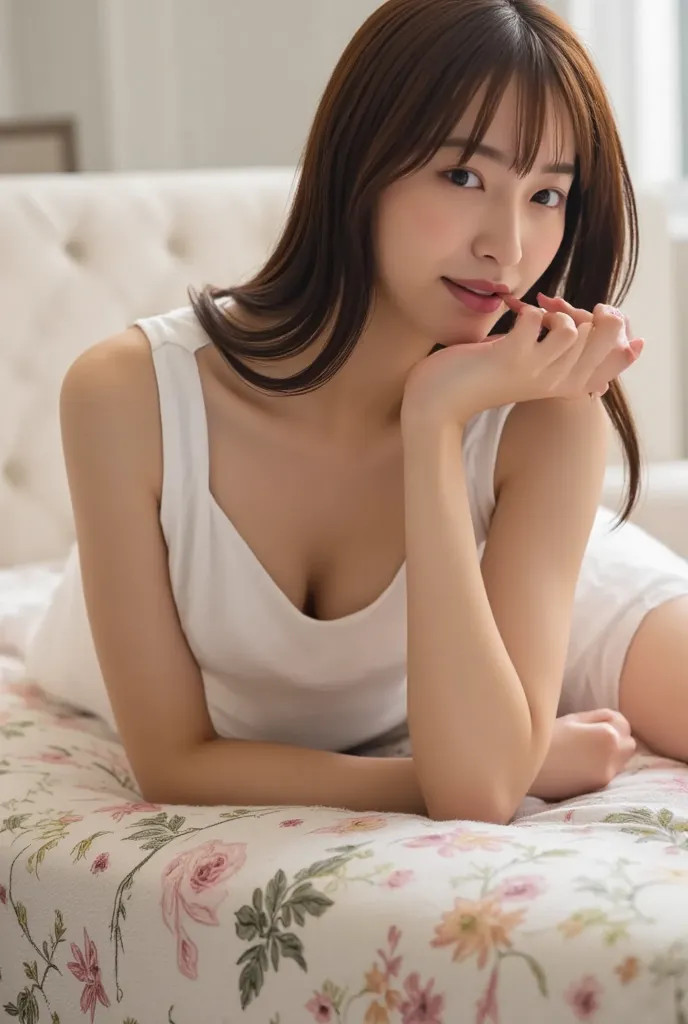 masterpiece, high quality,16k,32k,beautiful,exquisite, high quality,ultra high resolution, beautiful face, Japanese, NSFW,(Troubled face,She is lying face down, highlighting her cleavage.,open legs,blush,Shy expression,upper_body,squeeze the breasts,nude,C...