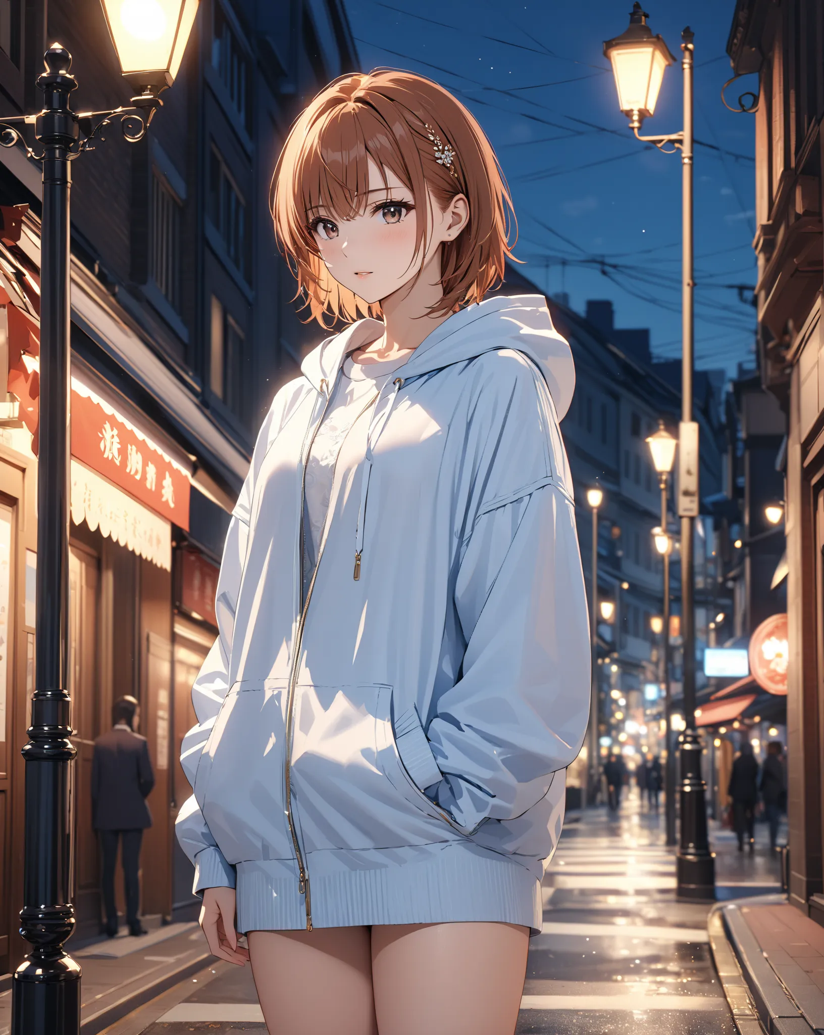 A Lone Figure Under a Streetlamp, (Misaka Mikoto), masterpiece, highest quality, UHD, retina, masterpiece, accurate anatomy, super detailed, high quality, best quality, 8k