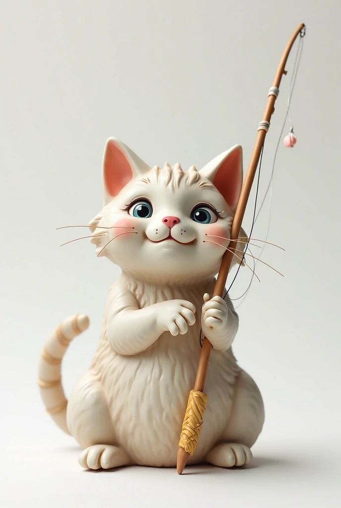 Smiling cat pottery, The cat is sitting and holding a fishing rod with one hand and the other hand has it lying on its body with a white background