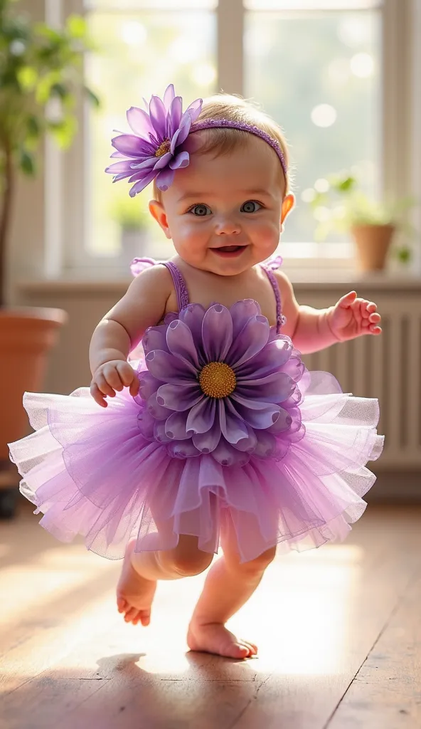 A realistic 6-month-old baby standing very cute dancing dressed in a handmade purple flower costume wearing a cute tulle skirt in a bright and bright environment.